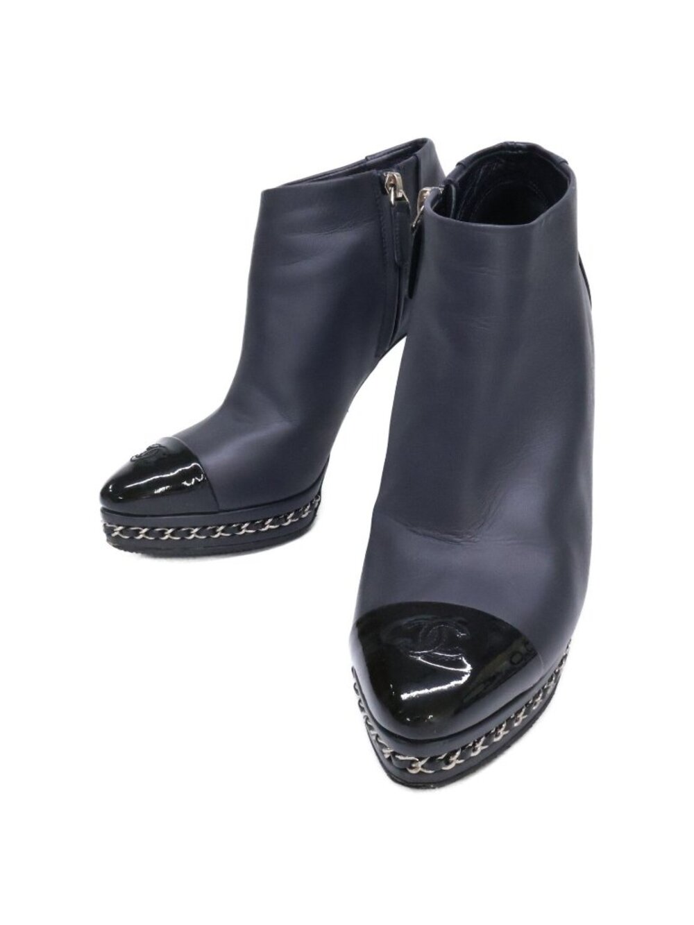 Chanel CC Logo Chain Decoration Leather Booties 38C Boots